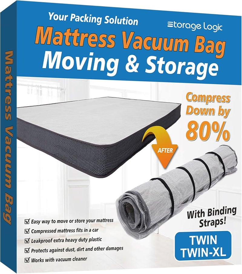 Storage Logic Twin/Twin XL Foam Mattress Vacuum Bag for Moving, Mattress Vacuum Seal Storage Bag with Straps - Image 1