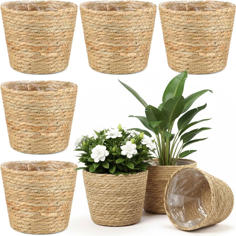 AceOrbit 6 Pcs Seagrass Plant Basket with Plastic Liners Woven Stylish Planter Baskets Bulk Indoor Outdoor Plants Woven Wicker Baskets for Flower Pots Cover and Room Decor Small (Small,Rustic) - Image 1