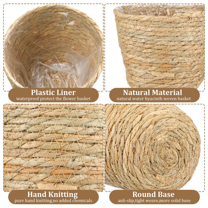 AceOrbit 6 Pcs Seagrass Plant Basket with Plastic Liners Woven Stylish Planter Baskets Bulk Indoor Outdoor Plants Woven Wicker Baskets for Flower Pots Cover and Room Decor Small (Small,Rustic) - Image 5
