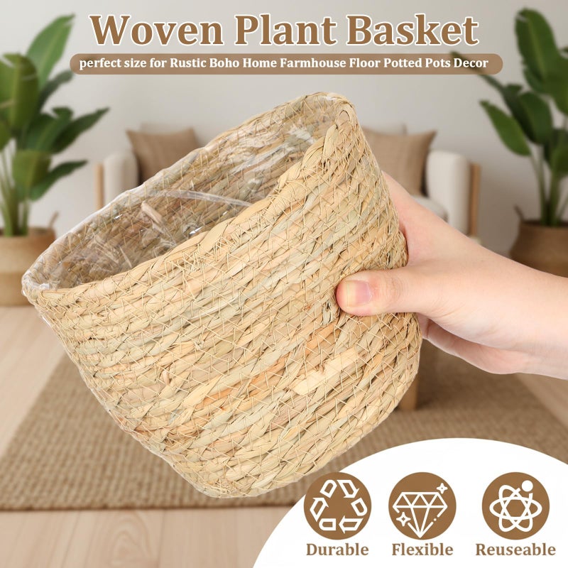 AceOrbit 6 Pcs Seagrass Plant Basket with Plastic Liners Woven Stylish Planter Baskets Bulk Indoor Outdoor Plants Woven Wicker Baskets for Flower Pots Cover and Room Decor Small (Small,Rustic) - Image 4