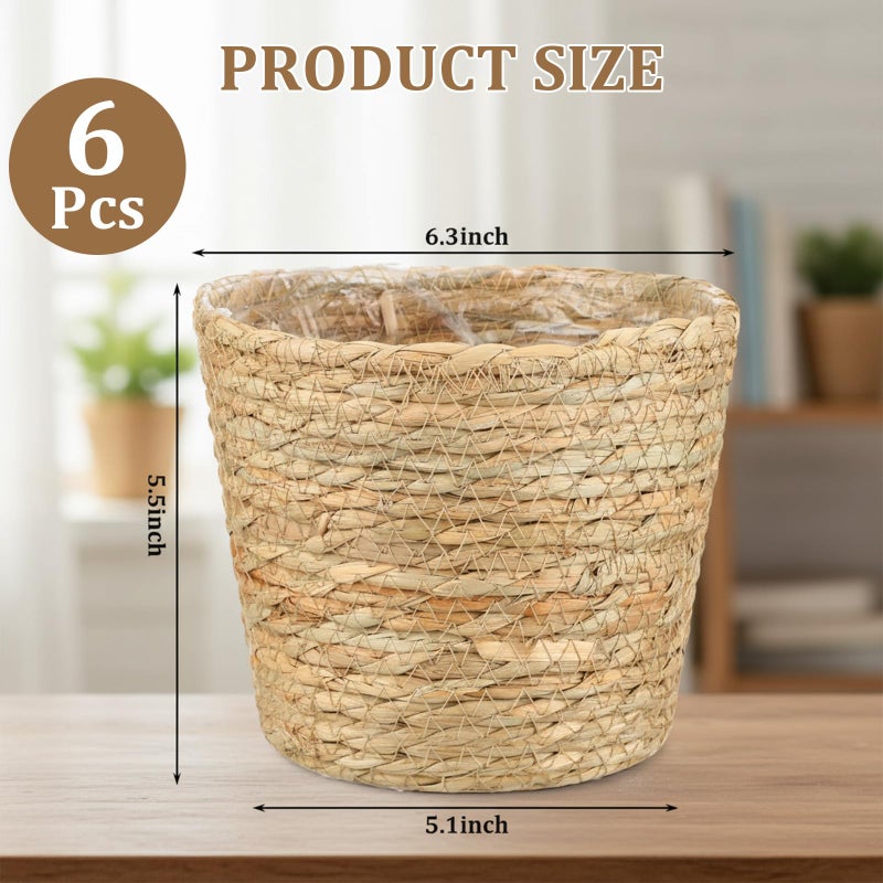 AceOrbit 6 Pcs Seagrass Plant Basket with Plastic Liners Woven Stylish Planter Baskets Bulk Indoor Outdoor Plants Woven Wicker Baskets for Flower Pots Cover and Room Decor Small (Small,Rustic) - Image 2