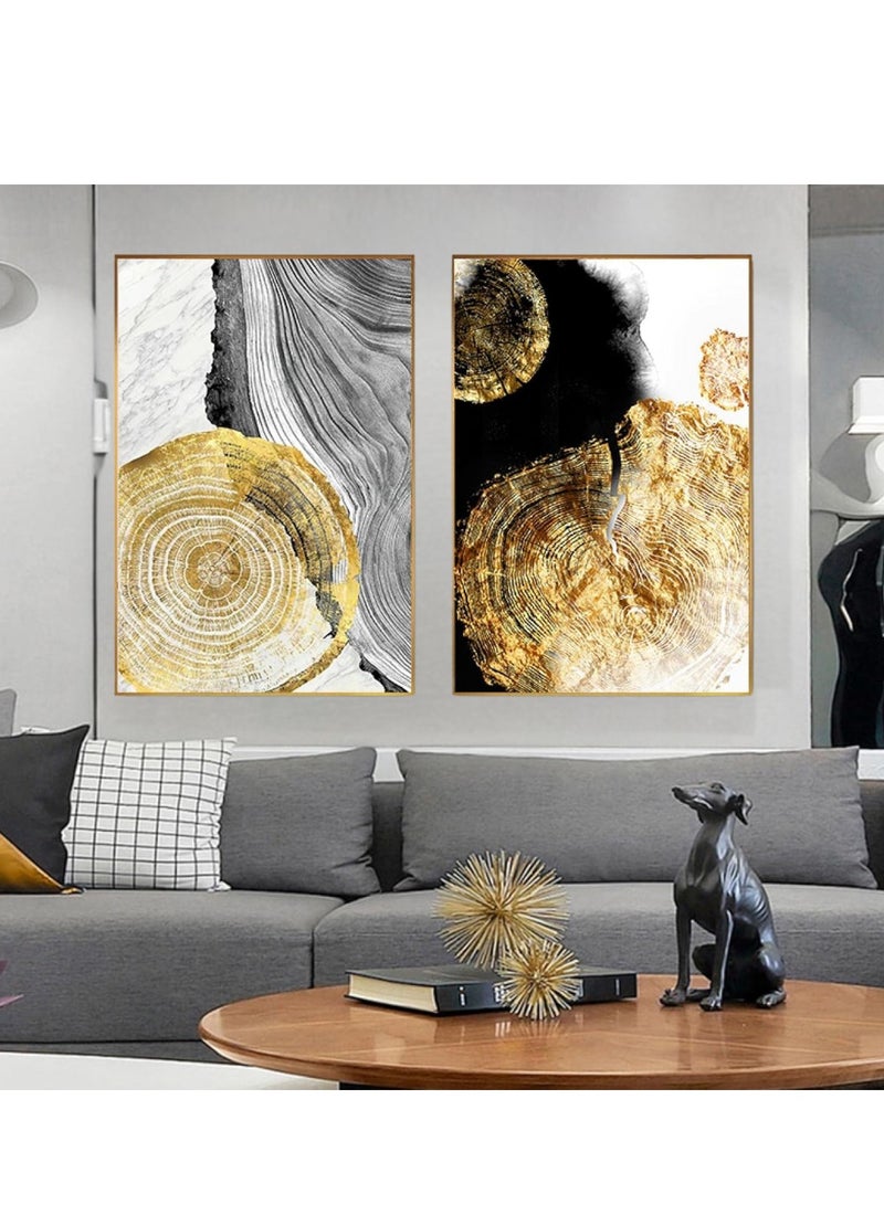 Wooden Twist Modern Decorative Abstract Golden Grey Tree Stump Canvas Wall Art Painting Set of 2 (90 x 60 cm)  - Image 1