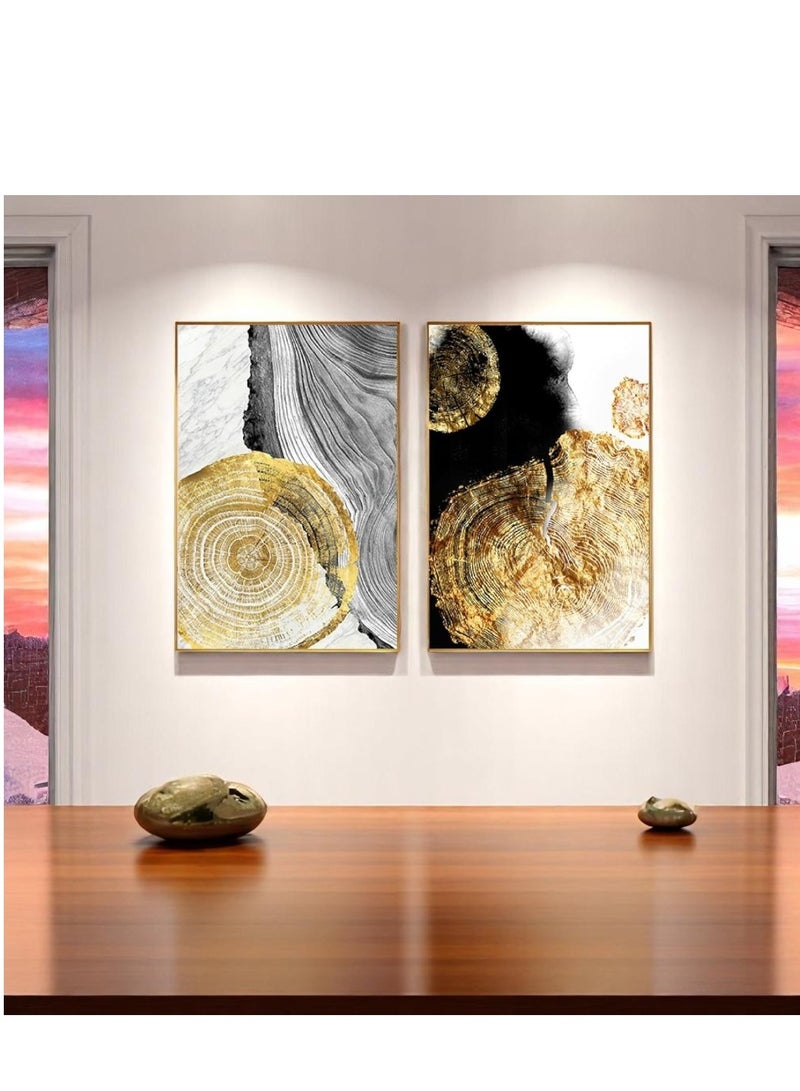 Wooden Twist Modern Decorative Abstract Golden Grey Tree Stump Canvas Wall Art Painting Set of 2 (90 x 60 cm)  - Image 2