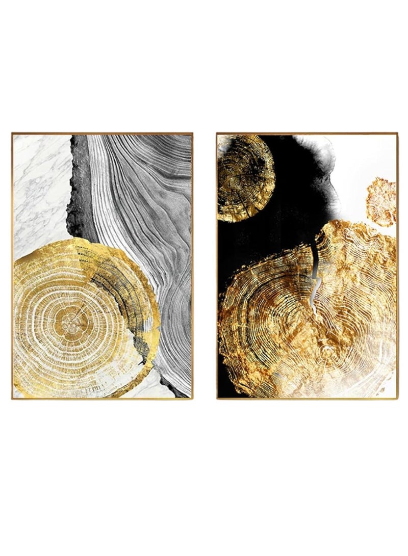 Wooden Twist Modern Decorative Abstract Golden Grey Tree Stump Canvas Wall Art Painting Set of 2 (90 x 60 cm)  - Image 4