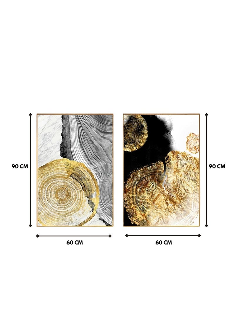 Wooden Twist Modern Decorative Abstract Golden Grey Tree Stump Canvas Wall Art Painting Set of 2 (90 x 60 cm)  - Image 5