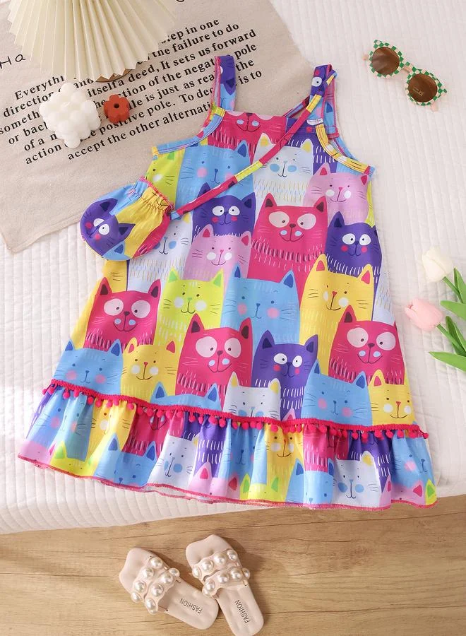Take Two Girls Cat Printed Sleeveless Dress with Bag
