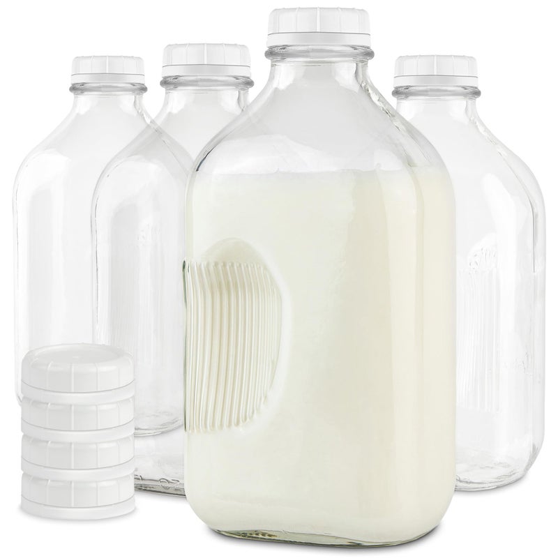 Stock Your Home Stock Your Home Half Gallon Glass Milk Bottle with Lid 4 Pack 64 Oz Jugs and 8 White Caps Reusable Food Grade Milk Container for Refrigerator Bottles for Juice Oat or Plant Milks Water Honey 