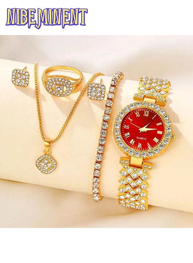 NIBEMINENT 6-Piece Elegant Women's Quartz Wrist Watch Set with Simple Round Alloy Case, Rhinestone Accents, Pointer Display, Electronic Quartz Movement - Includes Matching Fashion Accessories - Image 1