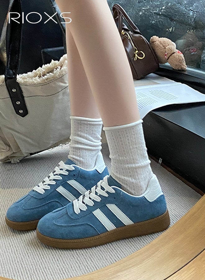 ريوكس أحذية رياضية نسائية، أحذية رياضية كلاسيكية رجعية، أحذية رياضية كاجوال منخفضة الرقبة للسيدات، أحذية رياضية عصرية مانعة للانزلاق مع كعب عادي/منصة، أحذية تنس تزلج بنعل مطاطي ناعم للسفر والعمل اليومي والتسوق، زرقاء - Image 1