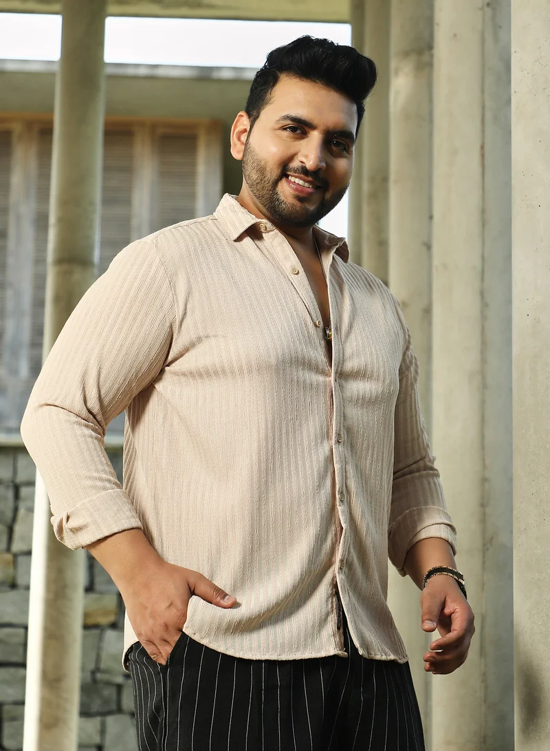 Instafab Plus Instafab Plus Men's Khaki Beige Ripple-Trough Shirt For Casual Wear | Spread Collar | Long Cuffed Sleeves | Button Closure | Plus Size Shirt Crafted With Comfort Fit For Everyday Wear