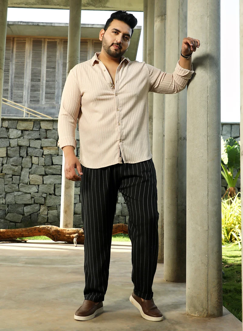 Instafab Plus Instafab Plus Men's Khaki Beige Ripple-Trough Shirt For Casual Wear | Spread Collar | Long Cuffed Sleeves | Button Closure | Plus Size Shirt Crafted With Comfort Fit For Everyday Wear