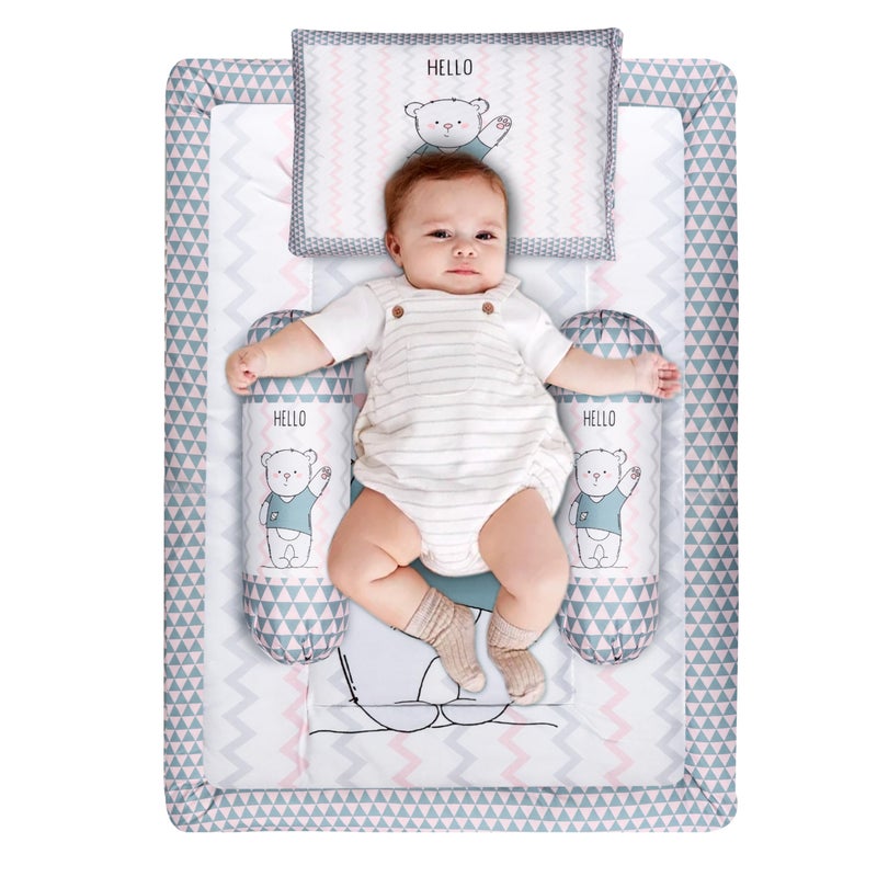 Remixon REMIXON Grey 3 Pillows & Rectangle Shape Teddy Bear Character Cotton Baby Bed for 0-1 Year BB106  - Image 4