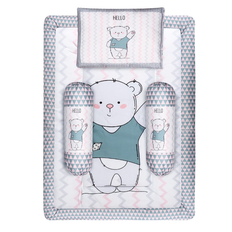 Remixon REMIXON Grey 3 Pillows & Rectangle Shape Teddy Bear Character Cotton Baby Bed for 0-1 Year BB106  - Image 1