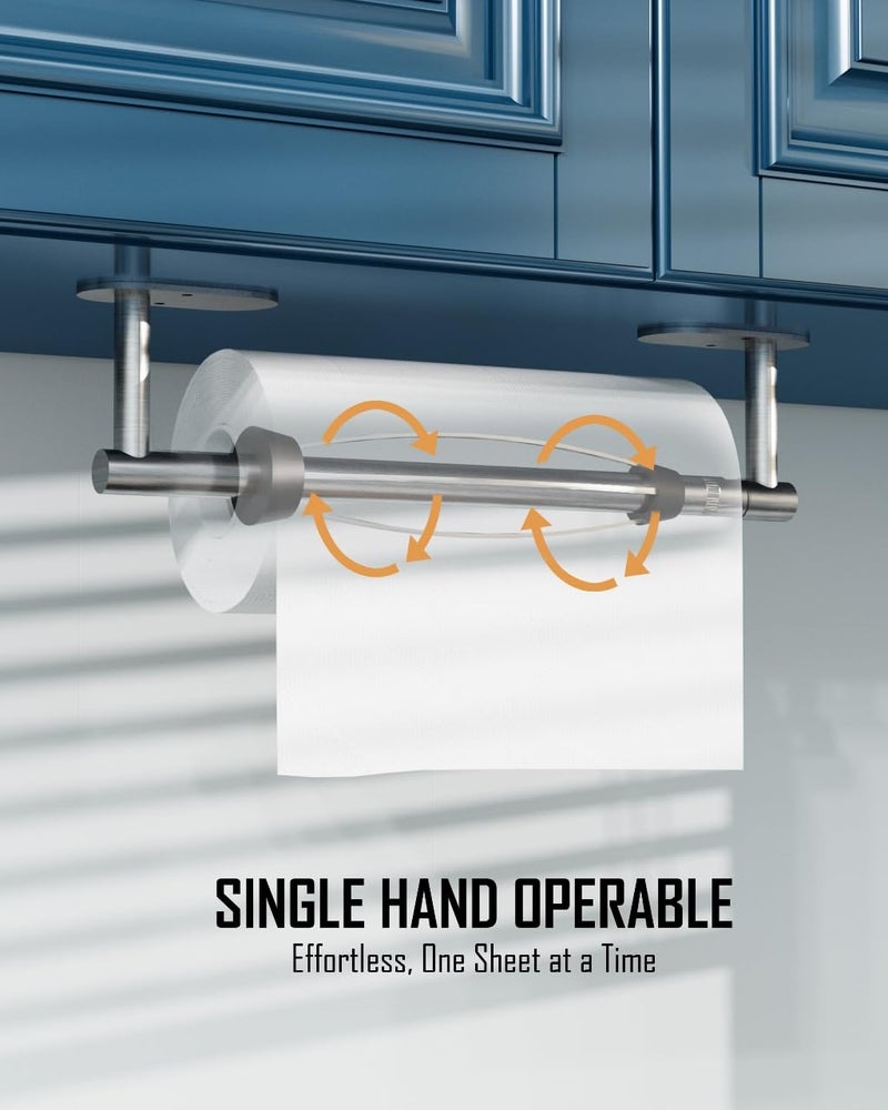 BATHDANCE Paper Towel Holder Under Cabinet, Single Hand Operable Roll Holder with Damping Effect,No Drilling or Wall Mounted SUS304 Stainless Steel for Kitchen Bathroom (Sliver) - Image 3