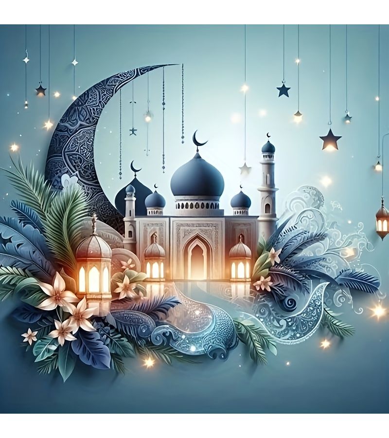 40x40 سم قماش دائري للوحة الماسية تصور الجنة الإسلامية تحت ضوء القمر، ديكور جدران ديني للمنزل - Image 1