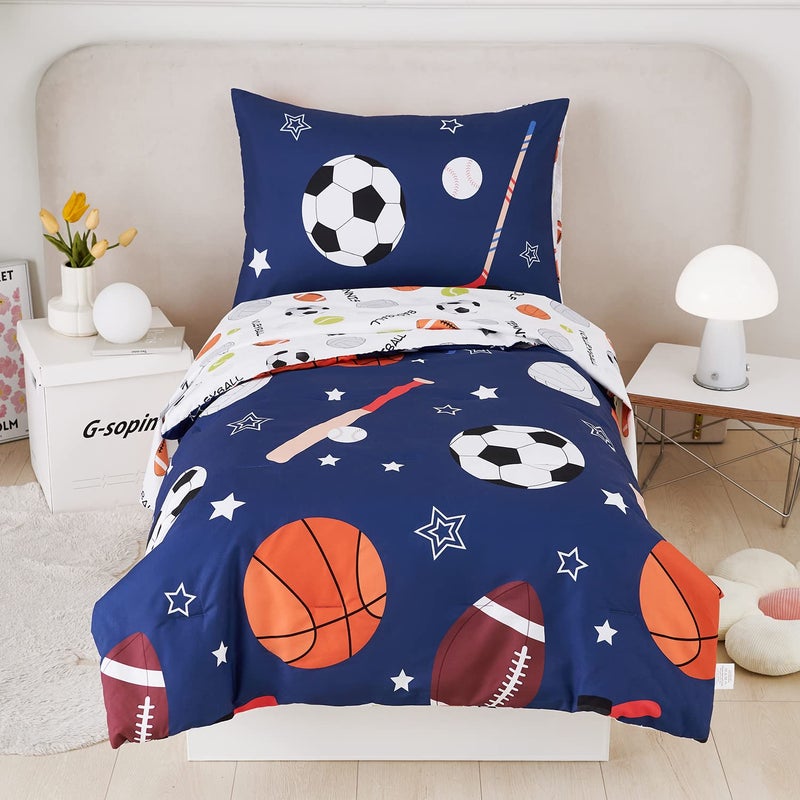 URBONUR 4Piece Toddler Bedding Set  Ultra Soft Sports Series Baseball Football Basketball Boys Toddler Comforter Set Navy  Include Comforter Flat Sheet Fitted Sheet and Reversible Pillowcase