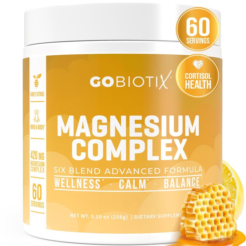 GoBiotix Magnesium Glycinate Powder Cortisol Supplement for Women and Men High Absorption Magnesium Complex Calm Supplement with Citrate Malate Sugar Free 420 mg 60 Servings Honey Citrus