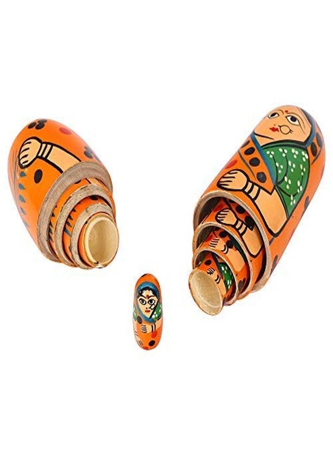 Toolart Fine Craft India Set of 5Pcs Hand Painted Cute Wooden Russian Matryoshka Stacking Nested Wood Dolls Orange - Image 2
