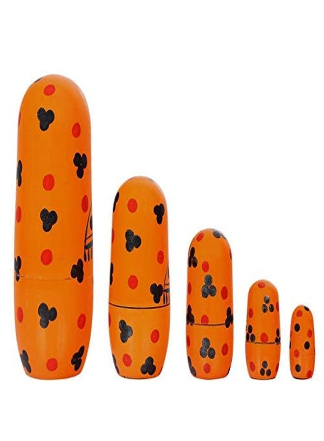 Toolart Fine Craft India Set of 5Pcs Hand Painted Cute Wooden Russian Matryoshka Stacking Nested Wood Dolls Orange - Image 3