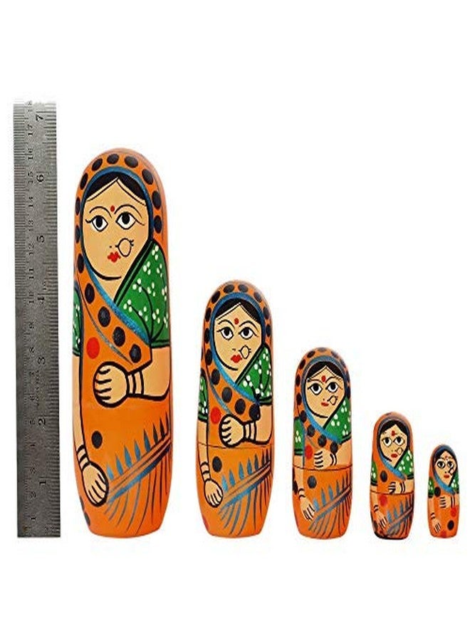 Toolart Fine Craft India Set of 5Pcs Hand Painted Cute Wooden Russian Matryoshka Stacking Nested Wood Dolls Orange - Image 4