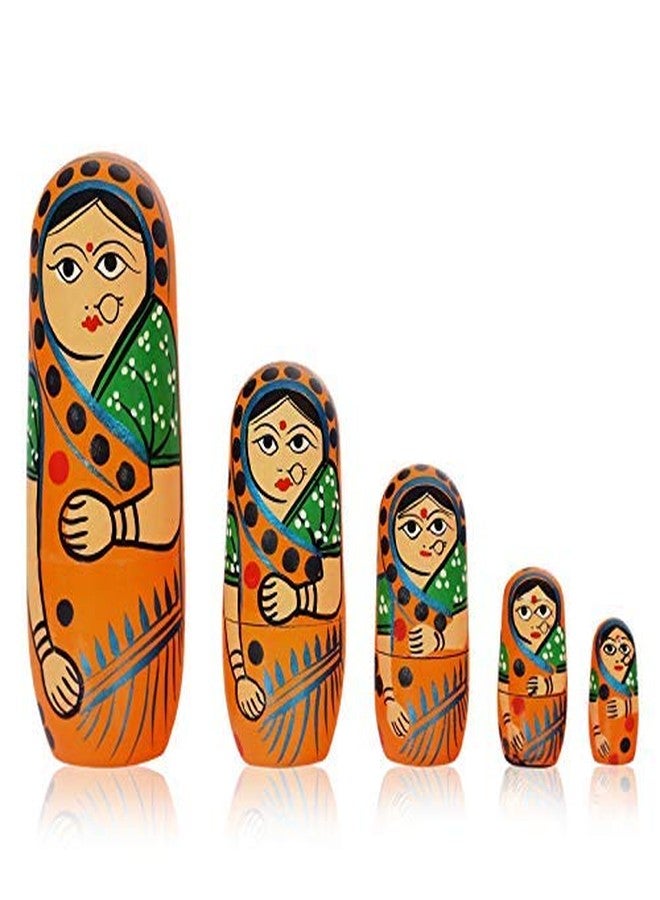 Toolart Fine Craft India Set of 5Pcs Hand Painted Cute Wooden Russian Matryoshka Stacking Nested Wood Dolls Orange - Image 1