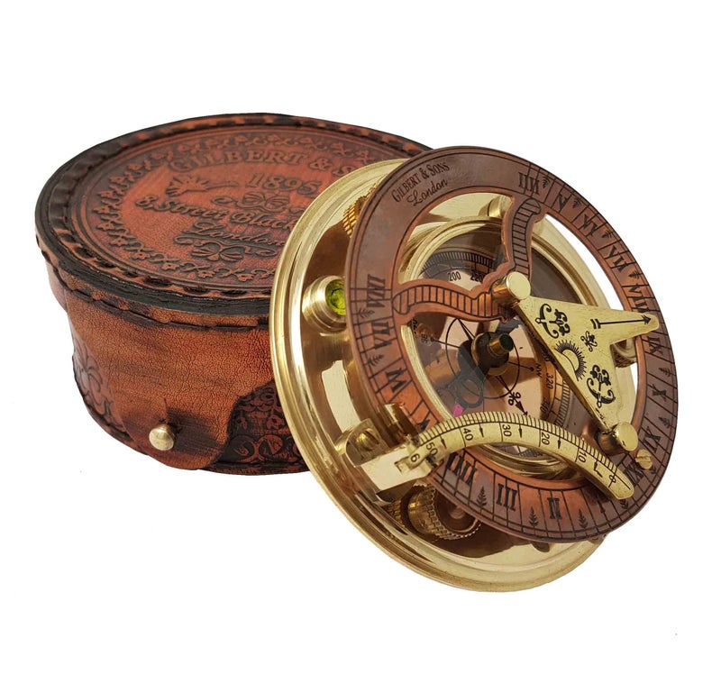 Brass Nautical - Antique Brass & Copper Sundial Compass, Sundial Clock in Box Gift Sun Clock Ship Replica Watch - Image 4