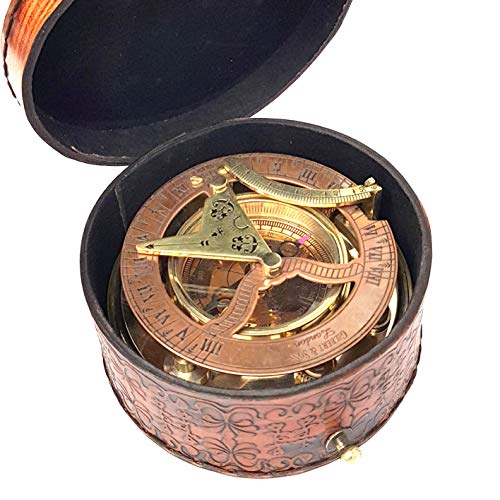 Brass Nautical - Antique Brass & Copper Sundial Compass, Sundial Clock in Box Gift Sun Clock Ship Replica Watch - Image 3