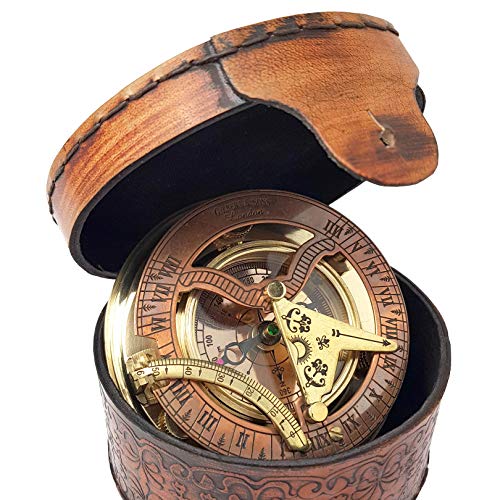 Brass Nautical - Antique Brass & Copper Sundial Compass, Sundial Clock in Box Gift Sun Clock Ship Replica Watch - Image 1