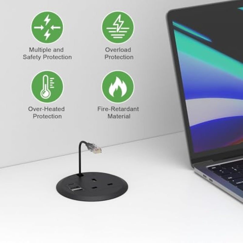 مقبس حلقة كهربائية للمكتب، شريط طاقة مجوف مع USB C PD 20 وات، 2 منفذ USB، كابل 2 متر/6.6 قدم لأثاث المنزل المكتبي، يناسب فتحة 80 مم، أسود - Image 4