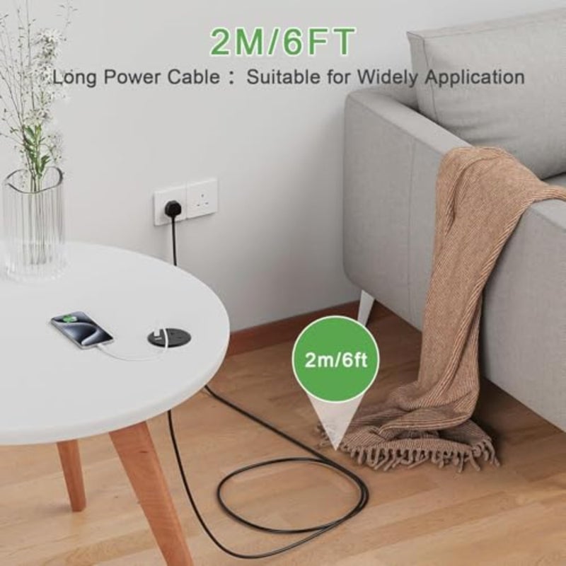 مقبس حلقة كهربائية للمكتب، شريط طاقة مجوف مع USB C PD 20 وات، 2 منفذ USB، كابل 2 متر/6.6 قدم لأثاث المنزل المكتبي، يناسب فتحة 80 مم، أسود - Image 5