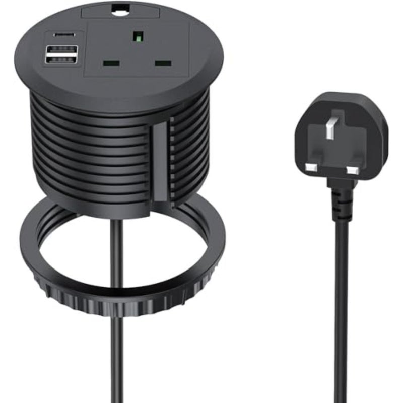 مقبس حلقة كهربائية للمكتب، شريط طاقة مجوف مع USB C PD 20 وات، 2 منفذ USB، كابل 2 متر/6.6 قدم لأثاث المنزل المكتبي، يناسب فتحة 80 مم، أسود - Image 1