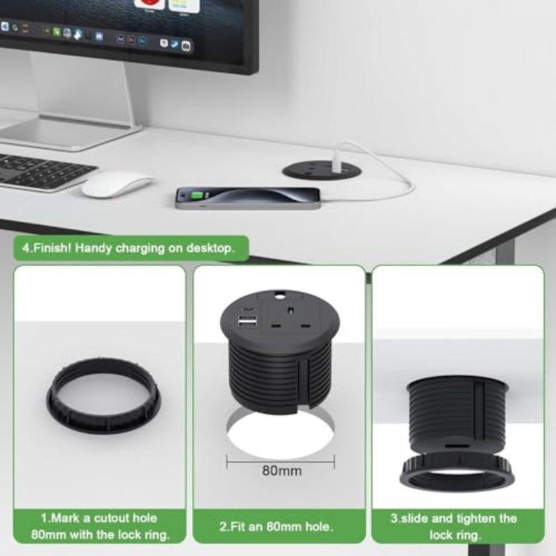 مقبس حلقة كهربائية للمكتب، شريط طاقة مجوف مع USB C PD 20 وات، 2 منفذ USB، كابل 2 متر/6.6 قدم لأثاث المنزل المكتبي، يناسب فتحة 80 مم، أسود - Image 3