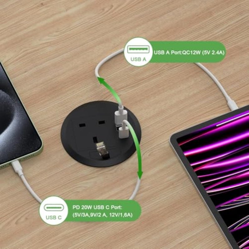 مقبس حلقة كهربائية للمكتب، شريط طاقة مجوف مع USB C PD 20 وات، 2 منفذ USB، كابل 2 متر/6.6 قدم لأثاث المنزل المكتبي، يناسب فتحة 80 مم، أسود - Image 2