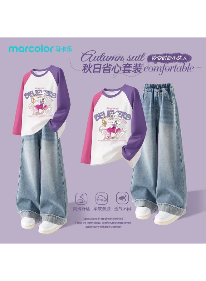 Marcolor Girls Autumn Outfit  New Mandarin Duck Sleeve Long Sleeve T-shirt And Children's Denim Pants For Big Kids - Image 1