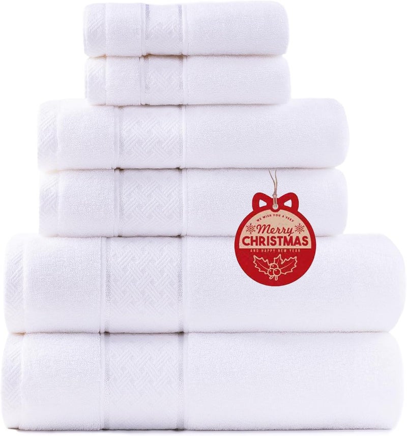 COZYART مجموعة مناشف استحمام بيضاء 6 قطع، فاخرة 100% قطن تركي 650GSM بجودة الفنادق، ناعمة، ماصة، مجموعات مناشف للحمام | 2 منشفة استحمام 2 منشفة يد 2 قطعة قماش للغسيل - Image 1