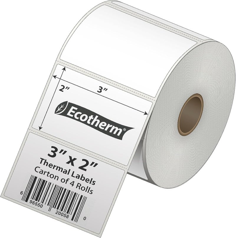 Ecotherm 3" x 2" Thermal Labels | 4 Rolls | 2940 Labels | fits Zebra, Munbyn, Rollo, Godex, Arkscan, iDPRT, Offnova Thermal Label Printers and More | Blank White Adhesive Stickers by - Image 2