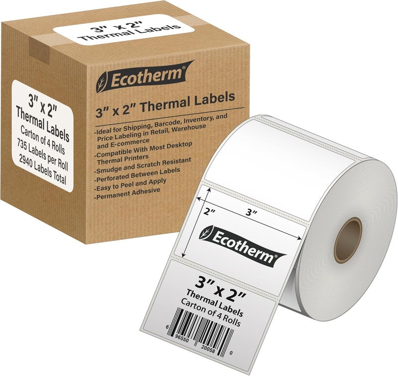 Ecotherm 3" x 2" Thermal Labels | 4 Rolls | 2940 Labels | fits Zebra, Munbyn, Rollo, Godex, Arkscan, iDPRT, Offnova Thermal Label Printers and More | Blank White Adhesive Stickers by - Image 1