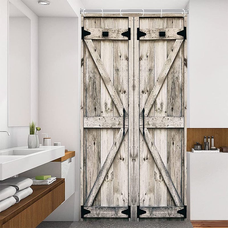 Rustic Vintage Wood Shower Curtain Farmhouse Country Barn Door Stall Small Shower with 12 Hooks Waterproof Garage Cabin Half Narrow 36X72in