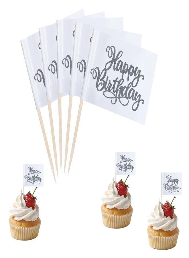 JBSJBS Silver Happy Birthday Cupcake Topper Flags Banner Mini Small Happy Birthday Toothpick Stick Flags Celebrating Happy Birthday Anniversary Cake Party Theme Decorations(100Pcs) - Image 1