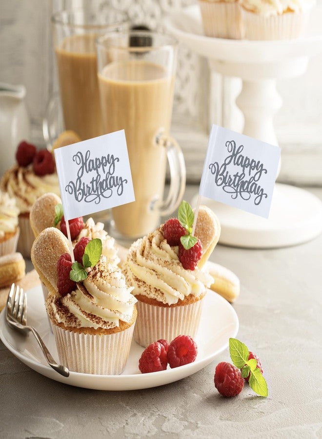 JBSJBS Silver Happy Birthday Cupcake Topper Flags Banner Mini Small Happy Birthday Toothpick Stick Flags Celebrating Happy Birthday Anniversary Cake Party Theme Decorations(100Pcs) - Image 4