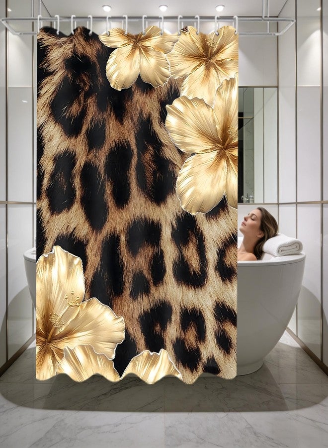 jieprom 4 Piece Brown Leopard Shower Curtain Set with Rugs, Luxury Golden Floral Art, Exotic Animal Print Fabric Bathroom Decor, Non-Slip Mats & Toilet Lid Cover - Image 5