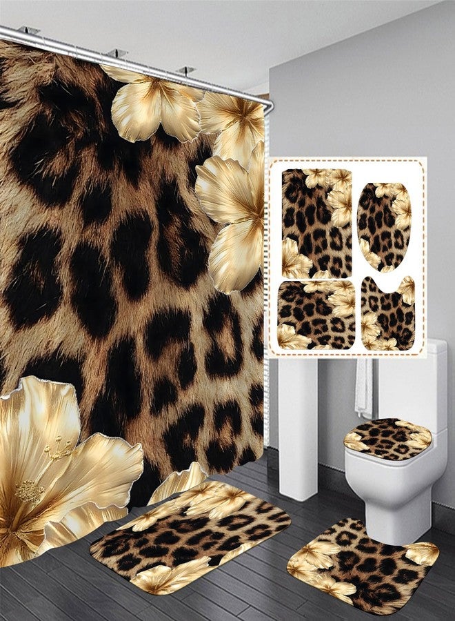 jieprom 4 Piece Brown Leopard Shower Curtain Set with Rugs, Luxury Golden Floral Art, Exotic Animal Print Fabric Bathroom Decor, Non-Slip Mats & Toilet Lid Cover - Image 2