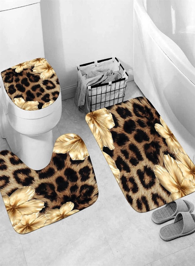 jieprom 4 Piece Brown Leopard Shower Curtain Set with Rugs, Luxury Golden Floral Art, Exotic Animal Print Fabric Bathroom Decor, Non-Slip Mats & Toilet Lid Cover - Image 4