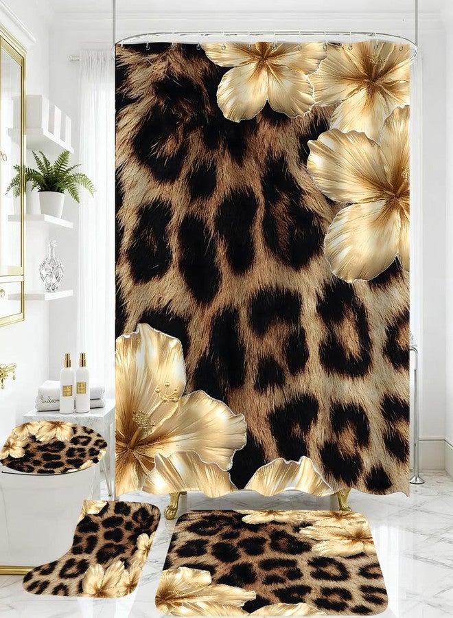 jieprom 4 Piece Brown Leopard Shower Curtain Set with Rugs, Luxury Golden Floral Art, Exotic Animal Print Fabric Bathroom Decor, Non-Slip Mats & Toilet Lid Cover - Image 1