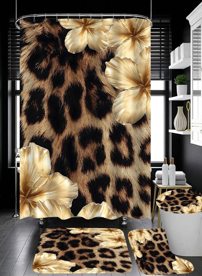 jieprom 4 Piece Brown Leopard Shower Curtain Set with Rugs, Luxury Golden Floral Art, Exotic Animal Print Fabric Bathroom Decor, Non-Slip Mats & Toilet Lid Cover - Image 3