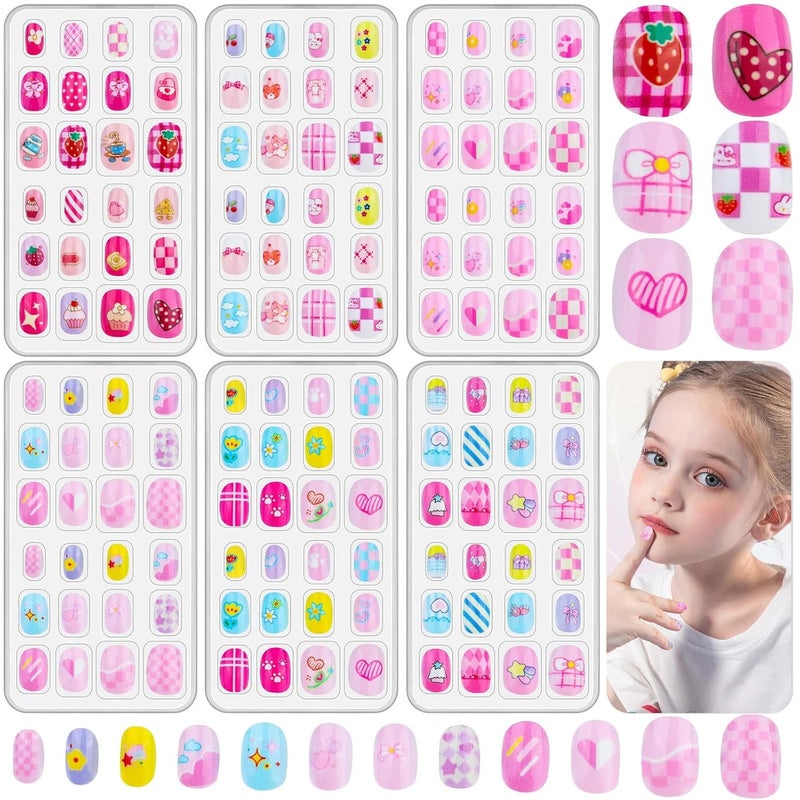 Thrilez 144 Pcs Kids Fake Nails Set, 6 Pack Press on Nail Pre-glue Artificial False Acrylic Nails Set for Little Girl Children Toddlers - Image 1