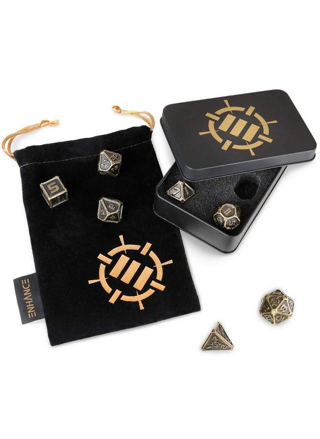 ENHANCE - Dnd Metal Dice Set 7Pc Polyhedral Dice With Storage Case And Drawstring Dice Bag Solid Metal D&D Dice Set For Dungeons And Dragons Pathfinder More Rpgs (Ancient Bronze) - Image 1