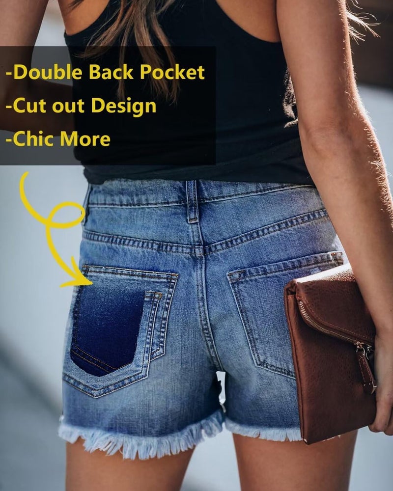 ZOLUCKY Shorts for Women Summer Sexy Shorts Stretch Mid Rise Ripped Pull on Denim Shorts Navy S - Image 4