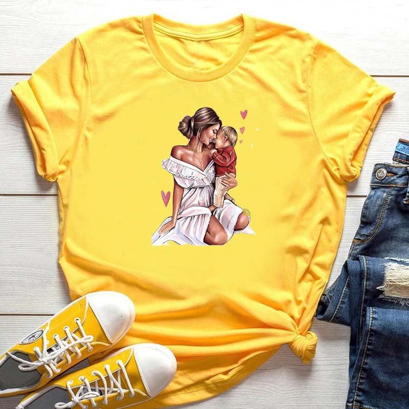 Generic Summer New Super Mom Themed White Tee for Women D6271-yellow 