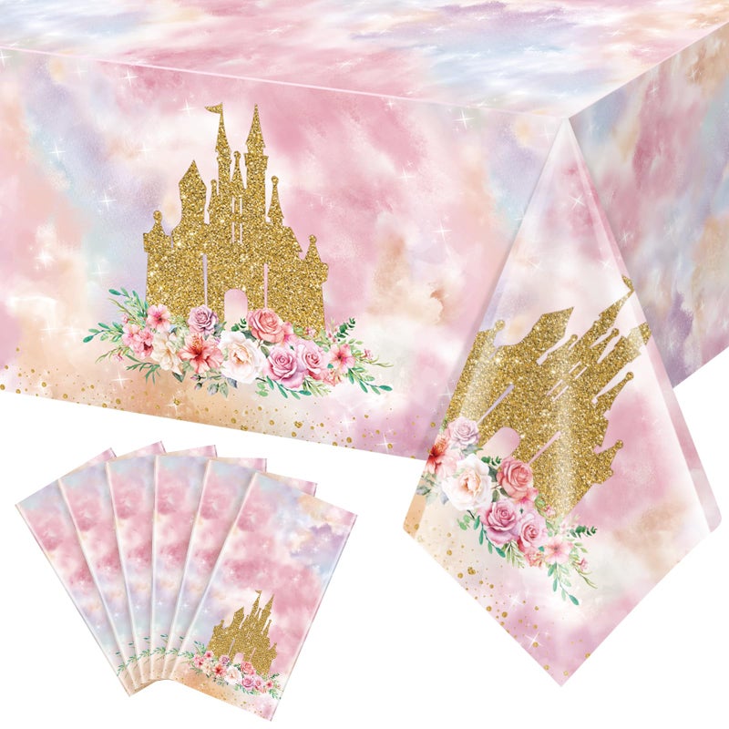 6 Pack Princess Tablecloths Birthday DecorationsPlastic Pink Rose Castle Table Cloth for PartiesDisposable Rectangle Floral Table Cover for Baby Shower Girls Birthday Party Supplies54x108 Inch